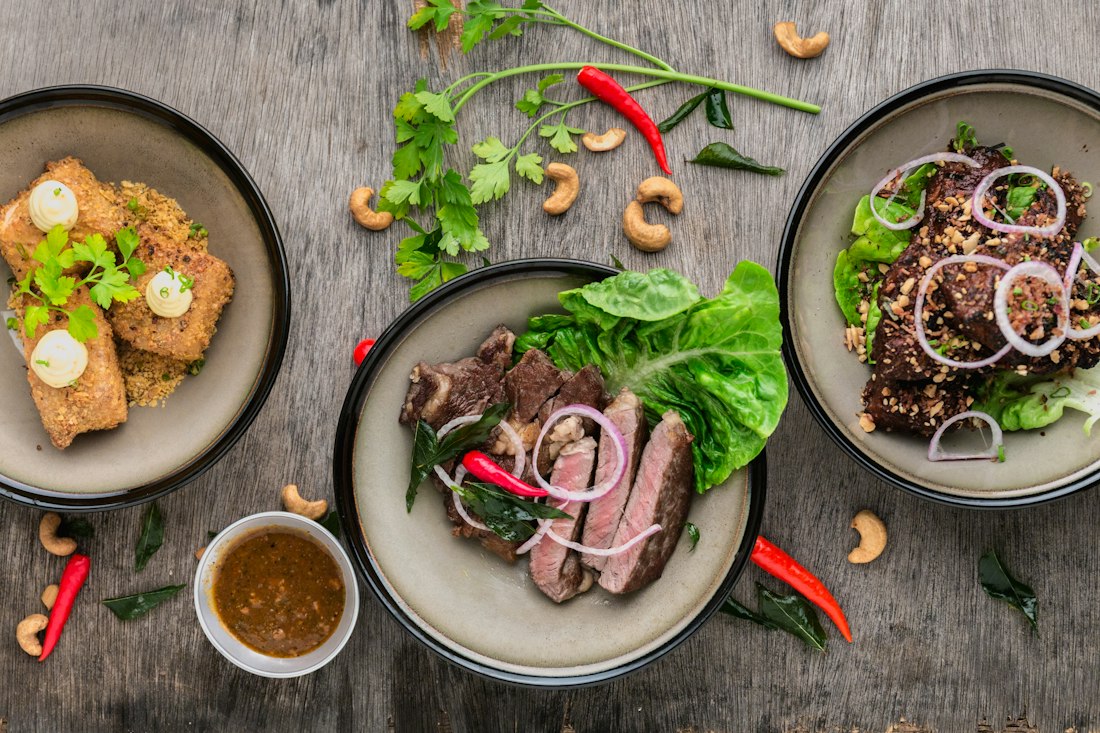 Seasonal entrée with colorful fresh ingredients, illustrative demo dish