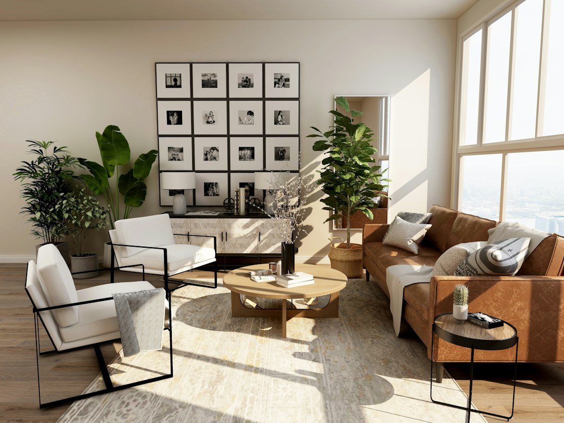 Updated open-plan living room with neutral finishes
